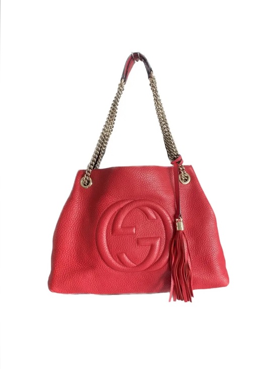 Gucci Handbags - Gucci Red Pebbled Leather Shoulder Bag with Tassel and Chain Straps
